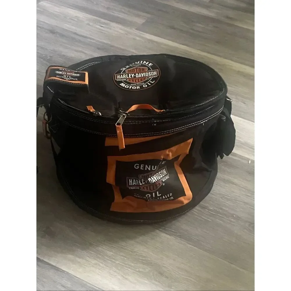 New! Harley Davidson Motor Oil Can Style Collapsible Cooler Round Insulated Bag